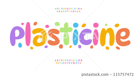 Playful plasticine alphabet vibrant round letters for kids education. Joyful clay font for cheerful modern logo, creative typography, colorful handmade, school art. Vector typeset 115757472