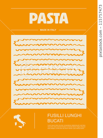 Italian macaroni types, labels for packages set. Fussili lunghi bucati pasta. Organic and natural product, gourmet ingredient for cooking dishes. Handmade and tasty. Vector in flat style 115757473
