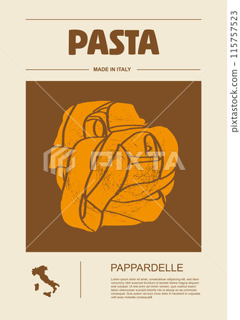 Italian macaroni types, labels for packages set. Pappardelle pasta. Organic and natural product, gourmet ingredient for cooking dishes. Handmade and tasty. Vector in flat style 115757523