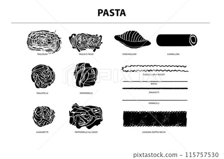 Beautiful vector hand drawn pasta Illustration. Detailed retro style image. Vintage sketch element for labels, packaging and cards design. Modern background. 115757530