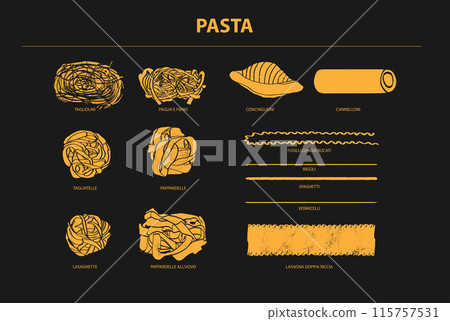 Beautiful vector hand drawn pasta Illustration. Detailed retro style image. Vintage sketch element for labels, packaging and cards design. Modern background. Beautiful vector hand drawn pasta Illustration. Detailed retro style image. Vintage sketch element for labels, packaging and cards design. Modern background. 115757531