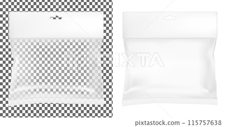 Transparent empty plastic packaging. Blank sachet with hang slot 115757638