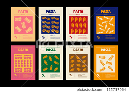 Italian macaroni types, labels for packages set. Riccioli, spighe, orecchiette, gemelli, castellane, conchiglie rigate, casarecce, gnocchi pasta. Organic and natural product 115757964
