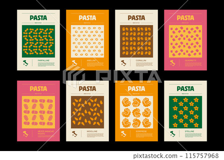 Italian macaroni types, labels for packages set. Farfalline, anellini, corallini, quadretti, mezze maniche rigate, midolline, sorprese, stelline pasta. Organic and natural product 115757968