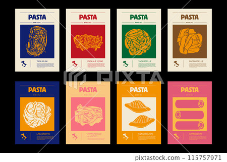 Italian macaroni types, labels for packages set. Fusilli Bucati Corti pasta. Organic and natural product, gourmet ingredient for cooking dishes. Handmade and tasty. Vector in flat style Italian macaroni types, labels for packages set. Fusilli Bucati Corti pasta. Organic and natural product, gourmet ingredient for cooking dishes. Handmade and tasty. Vector in flat style 115757971