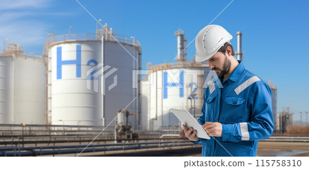 Engineer with tablet computer on a background of Hydrogen factory.. 115758310