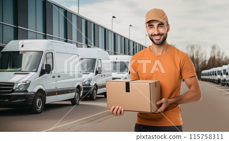 Delivery vans are parked in rows. Commercial fleet. 115758311