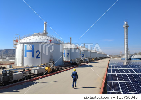 Modern hydrogen plant, gleaming machinery and pipelines, a vision of sustainable innovation 115758343