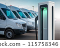 Electric delivery vans with electric vehicles charging station. 115758346