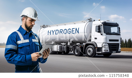 Man with digital tablet on a background of hydrogen tank trailer. 115758348
