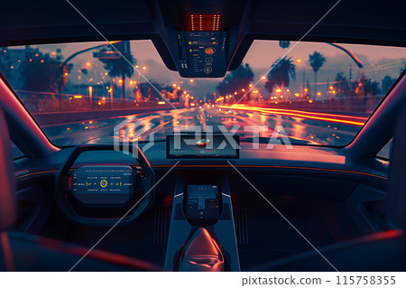 Autonomous self-driving futuristic car without driver. First-person view.. 115758355