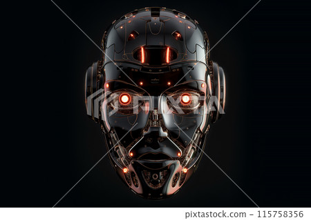 Black robot face on a black background. Artificial intelligence threat concept. 115758356