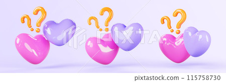 3d set of couple hearts with question marks isolated render icons. Love pink purple symbols and doubt signs, unknown valentine. Concept of romance, friendzone or relationship problems. 3D illustration 115758730