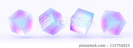 3d glass holographic frosted morphism cube isolated render icon set. Abstract geometric translucent block shapes with color neon hologram gradient, square plastic or acrylic objects. 3D illustration 115758925