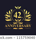 42nd Anniversary Design, luxurious golden color 42 years Anniversary logo design celebration. 115759040