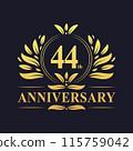 44th Anniversary Design, luxurious golden color 44 years Anniversary logo design celebration. 115759042