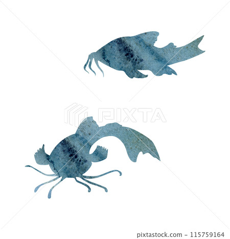 Watercolor and ink hand drawn marine life, sea ocean underwater creatures. fish, shells algae seaweed. Single object illustration, stylized, isolated on white. Zoo shop, aquarium, cosmetics, resort 115759164