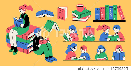 Set of illustrations of people reading and books 115759205