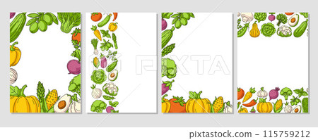 Set of vector colorful vertical posters a4, various border frame, veggies icons. Fresh, healthy farm vegetables. Space for text, isolated background. For banner, menu, flyer, cover, farmers market 115759212