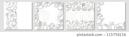 Set of vector minimal square cards, various border frame, veggies icons. Fresh, healthy farm vegetables. Space for text, isolated background. For poster, banner, menu, flyer, cover, social media 115759216