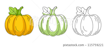 Pumpkin, colorful and line icons set. Farm vegetable vector outline icon, monochrome and color illustration. Healthy nutrition, organic food, natural product. For sticker, logo, coloring book 115759221