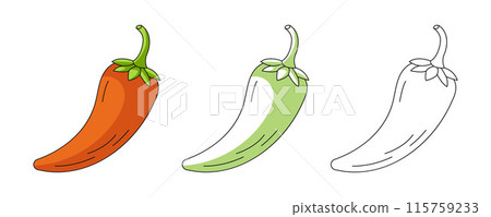Chili pepper, colorful and line icons set. Farm vegetable vector outline icon, monochrome and color illustration. Healthy nutrition, organic food, hot spice. For sticker, logo, coloring book Chili pepper, colorful and line icons set. Farm vegetable vector outline icon, monochrome and color illustration. Healthy nutrition, organic food, hot spice. For sticker, logo, coloring book 115759233