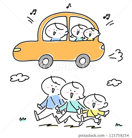 設定一家人帶著微笑外出、開車、度假的插圖 設定一家人帶著微笑外出、開車、度假的插圖 115759254