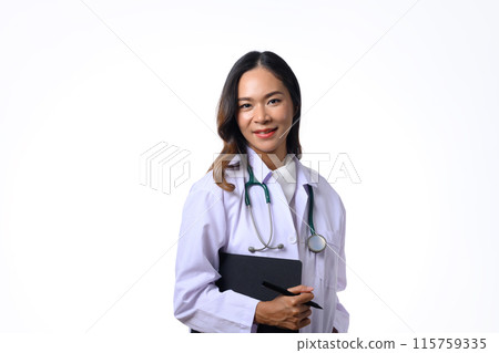 Confident female doctor, medical worker with stethoscope standing on white background 115759335