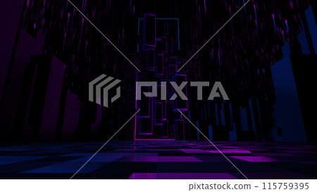 3d Render, Neon light square gate portal with floating cube over city building and purple shooting light scene, futuristic and technology background. 115759395
