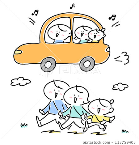 Set illustration of a family going out with a smile, driving, outing Set illustration of a family going out with a smile, driving, outing 115759403