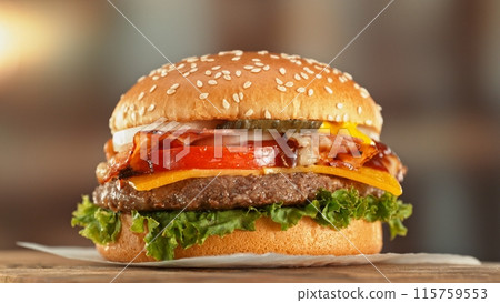Delicious Hamburger Served on Wooden Table. Delicious Hamburger Served on Wooden Table. 115759553