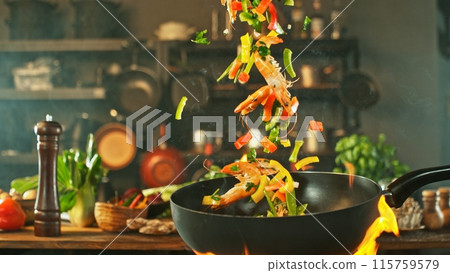Freeze Motion of Wok Pan with Flying Asian Meal in the Air. 115759579