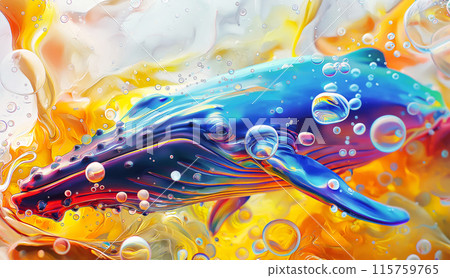 Imaginative and vibrant illustration of whale swimming through dynamic, colorful underwater environment. Otherworldly concept that blends realism with artistic interpretation. 115759765