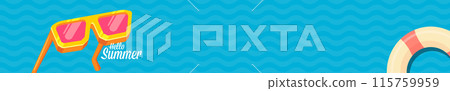 Super Hello summer wide banner with text and retro yellow sunglasses isolated on blue water wide background. Hello summer wide design template with cartoon sunglasses, beach, water pool , summer vibe Super Hello summer wide banner with text and retro yellow sunglasses isolated on blue water wide background. Hello summer wide design template with cartoon sunglasses, beach, water pool , summer vibe 115759959