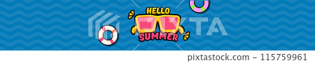 Super Hello summer wide banner with text and retro yellow sunglasses isolated on blue water wide background. Hello summer wide design template with cartoon sunglasses, beach, water pool , summer vibe Super Hello summer wide banner with text and retro yellow sunglasses isolated on blue water wide background. Hello summer wide design template with cartoon sunglasses, beach, water pool , summer vibe 115759961