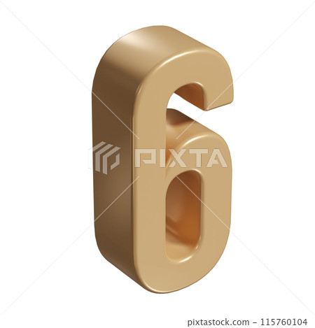 3d number six 6 golden or bronze shining typography symbol or sign template, realistic illustration. Gold sixth digit or figure for numbering 115760104