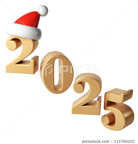 3d Happy New Year 2025 golden Numbers. Symbols cartoon render with red hat santa. Christmas decoration. Celebrate party Xmas Poster banner, cover card, brochure, flyer, layout design 115760202