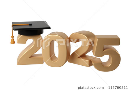 Class of 2025 3d education icon. Congratulation graduates design template with black cap and numbers. Gold graduation typography illustration for ceremony, party, greeting card, invitation 115760211