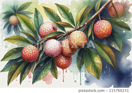 Watercolor illustration of fresh lychee fruit with branches and leaves 115760231