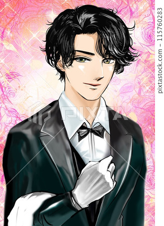A handsome butler with black hair and Korean actor style and a background of falling cherry blossoms 115760283
