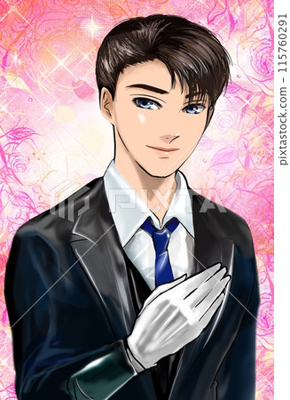 A handsome butler with black hair and Korean actor style and a background of falling cherry blossoms 115760291