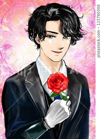 A handsome butler with black hair and Korean actor style and a background of falling cherry blossoms 115760308
