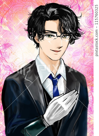 A handsome butler with black hair and Korean actor style and a background of falling cherry blossoms 115760325