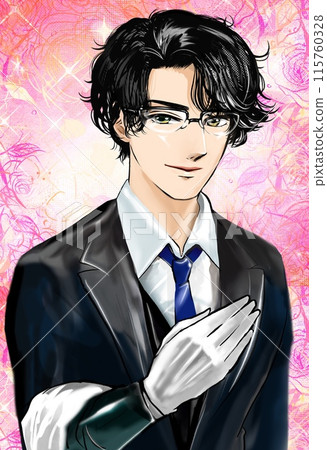 A handsome butler with black hair and Korean actor style and a background of falling cherry blossoms A handsome butler with black hair and Korean actor style and a background of falling cherry blossoms 115760328