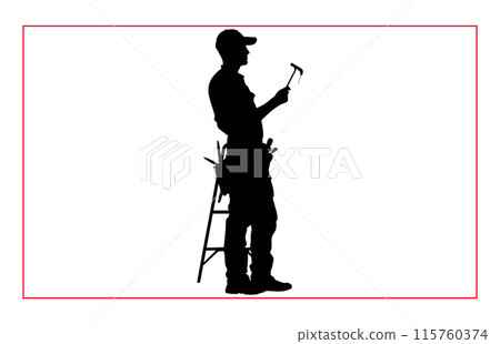 House painter silhouette vector illustration, Painter workers on ladder vector silhouette isolated on white 115760374