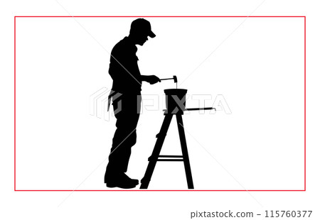 House painter silhouette vector illustration, Painter workers on ladder vector silhouette isolated on white House painter silhouette vector illustration, Painter workers on ladder vector silhouette isolated on white 115760377