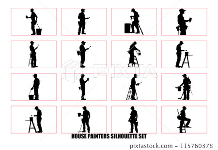House painter silhouette vector illustration set, Painter workers on ladder vector silhouette isolated on white House painter silhouette vector illustration set, Painter workers on ladder vector silhouette isolated on white 115760378