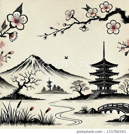 Japanese landscape paintings drawn with brushes Japanese landscape paintings drawn with brushes 115760391