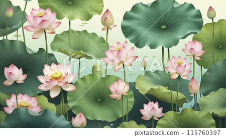 Hand-drawn illustration of blooming lotus flowers and green lotus leaves in a lotus pond during summer solstice Hand-drawn illustration of blooming lotus flowers and green lotus leaves in a lotus pond during summer solstice 115760397