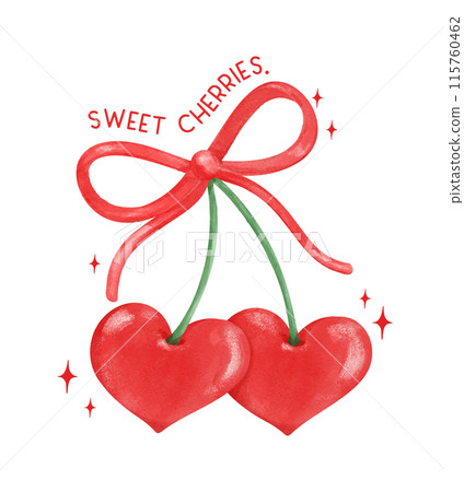 Retro Coquette Red Heart cherries with red ribbon bow, aesthetic watercolor hand drawing 115760462